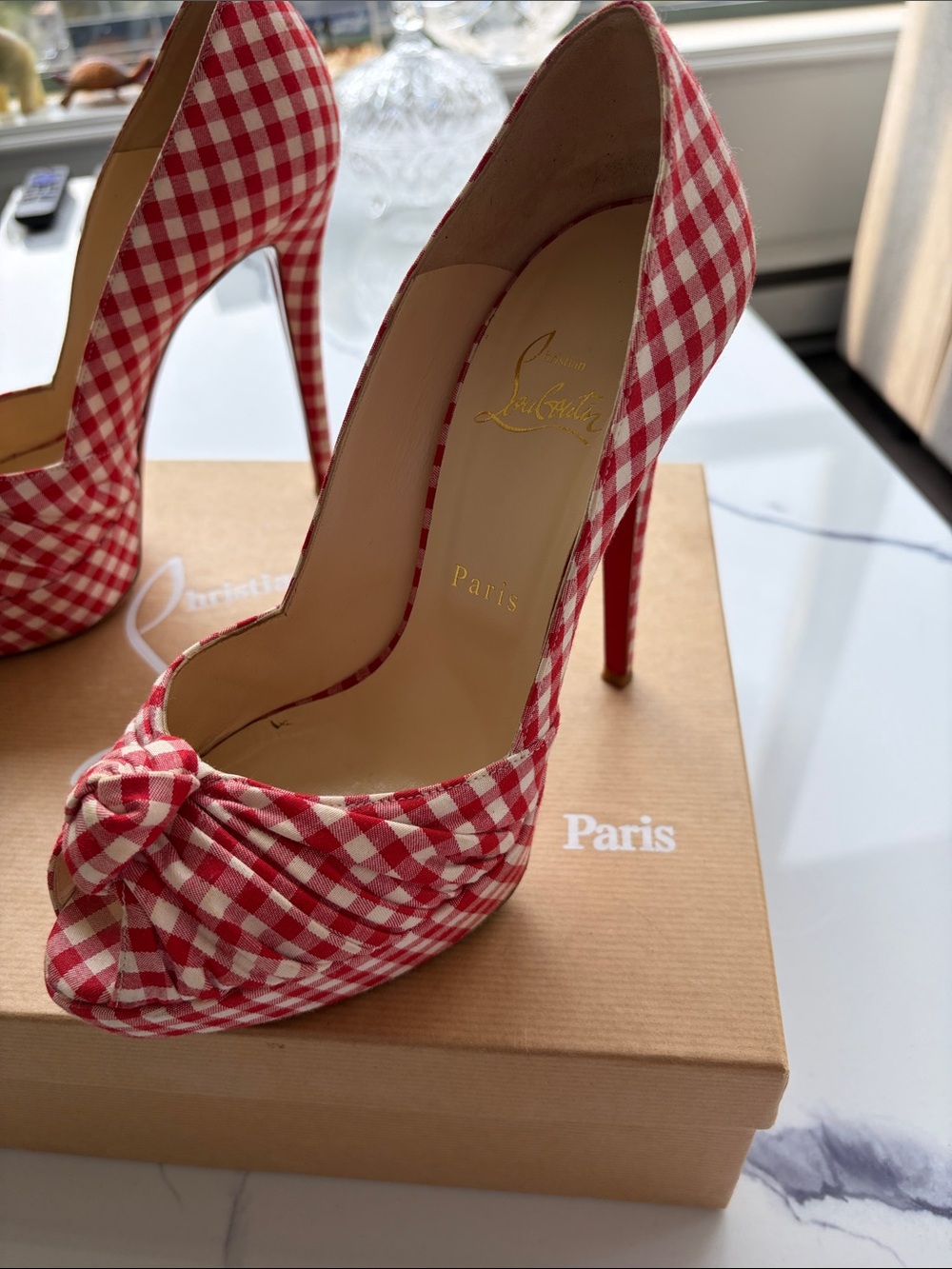 Christian Louboutin Red and White Gingham Peep-Toe Knot Pumps - Picture 4 of 12